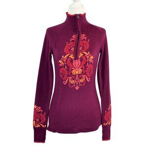 Athleta Size XXS Womens Embroidered Quarter-Zip Pullover Cotton/Polyester Burgun